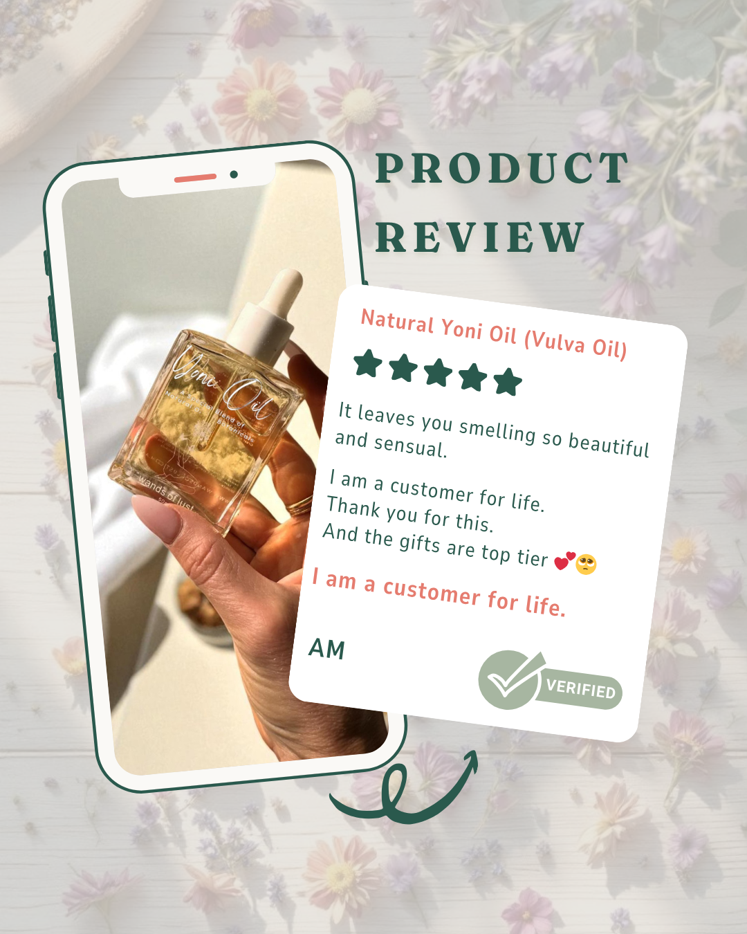 Phone screen showing a bottle of natural yoni oil with a five-star review card on a floral background Gaiae.Yoni_oil_customer_review.. Was so happy to have access to the pearls here in Aus. 
Super quick delivery and I felt it was sent to me personally with so much heart.
Was so happy to have