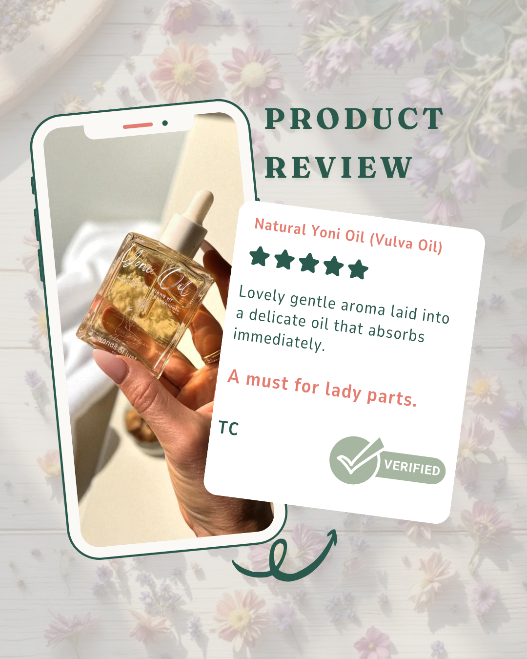 Phone screen displaying a product review for 'Natural Yoni Oil' with a hand holding the oil bottle. Gaiae.Yoni_oil_customer_review. Lovely gentle aroma laid into a delicate oil that absorbs immediately. 
A must for lady parts.
