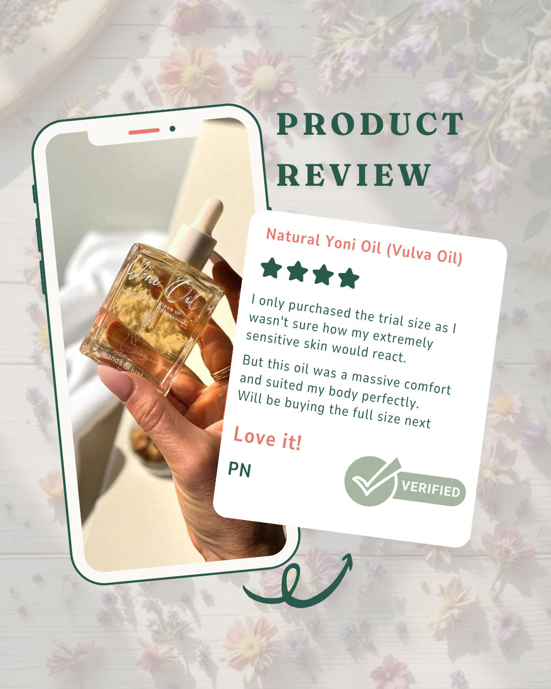 Phone screen displaying a product review for Natural Yoni Oil with a hand holding the oil bottle. Gaiae.Yoni_oil_customer_review. I only purchased the trial size as I wasn't sure how my extremely sensitive skin would react. 
But this oil was a massive comfort and suited my body perfectly. 
Will be buying the full size next love it