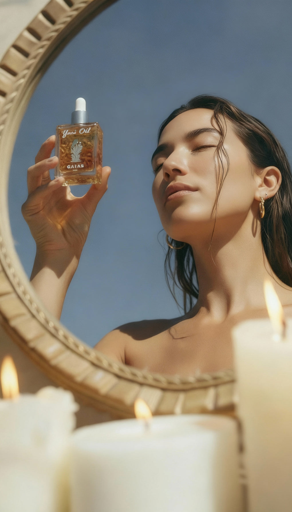 Woman holding a bottle of 'Your Oil' with and a mirror in the foreground