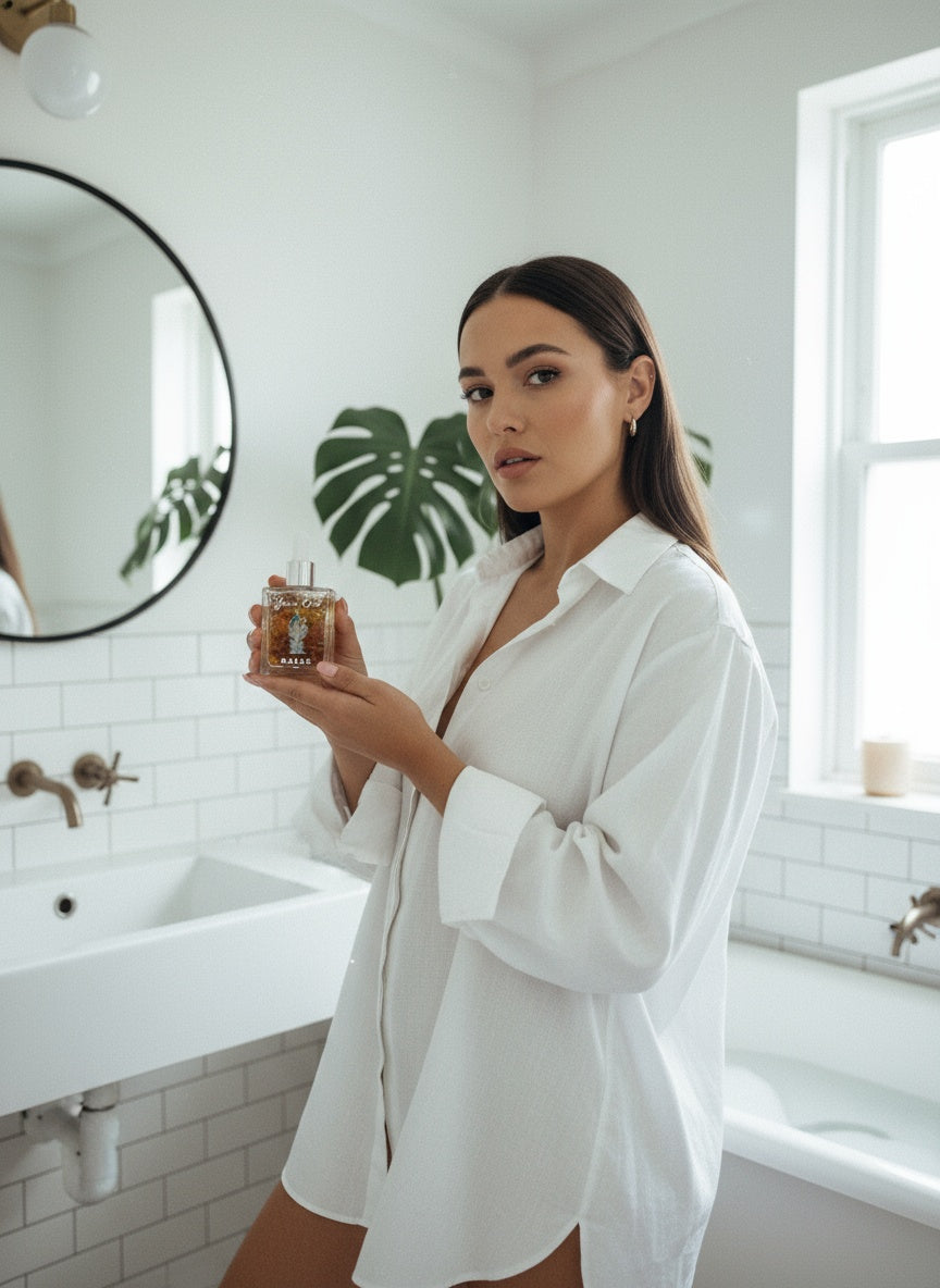 Woman holding yoni oil in a bathroom Gaiae yoni oil. most loved products. 